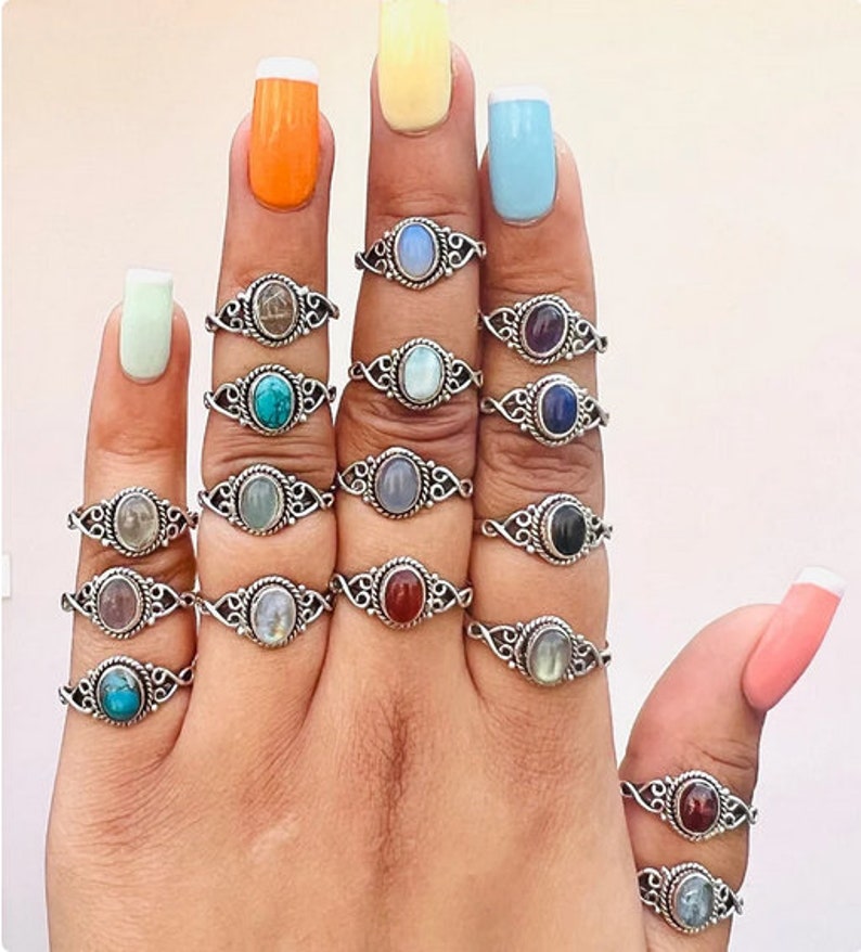 925 Sterling Silver Moonstone / Onyx / Tiger's Eye / Chalcedony / Turquoise / Moonstone / Amethyst Natural Crystal Designer Silver Ring zdjęcie 1