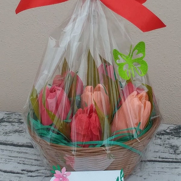 Small Ferrero Rocher Chocolate Flower (tulips) Basket - Flower crepe Bouquet with Ferrero Rocher chocolates. Chocolate gifts.