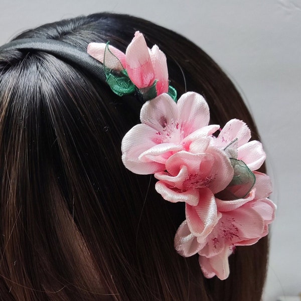 Flower headbands with fire-molded ribbon. Elegant headbands for special occasions, and family parties. Cherry Blossom headband.