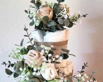 Diaper Cake Centerpiece: Sock Roses Boho Baby Shower Decor (Neutral, Pink, Blue)