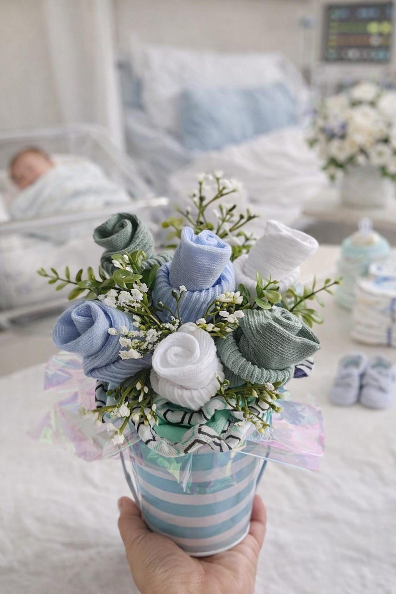 May include: A bouquet of baby socks arranged to resemble flowers, in shades of blue, green, and white. The arrangement is in a small, striped bucket, with greenery and small white flowers. A thoughtful gift for a new baby.