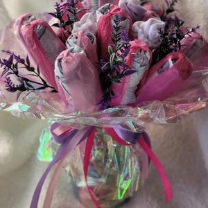 Diaper and Sock Baby Girl Bouquet – Blanket, 3 Socks Pairs & 12 Diapers – Handmade New Mom Gift – Baby Shower Centerpiece – Ready to Gift