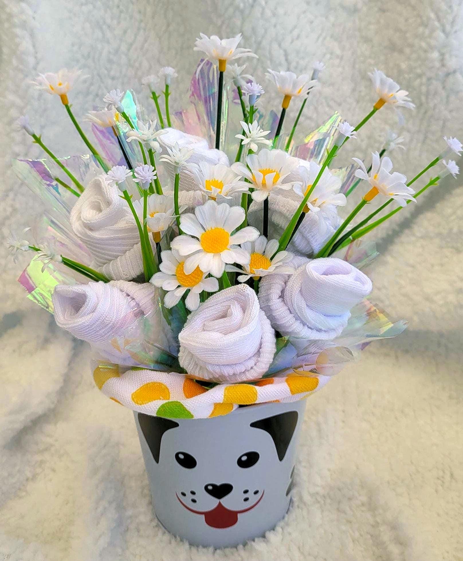 Handmade Baby Sock Bouquet: White Roses in Animal Face Bucket, Baby Shower Centerpiece
