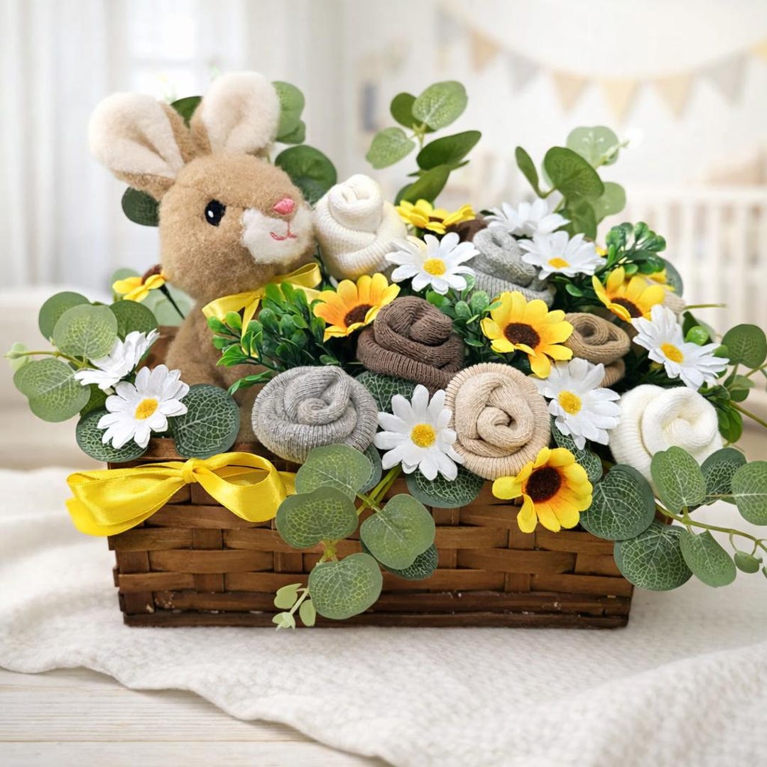 Neutral Baby Gift Basket With Bunny Plush, Sock Bouquet, Wooden Box ...
