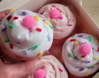 Baby Clothes Cupcake Gift Box, 4 Onesies, Baby Shower Newborn Present