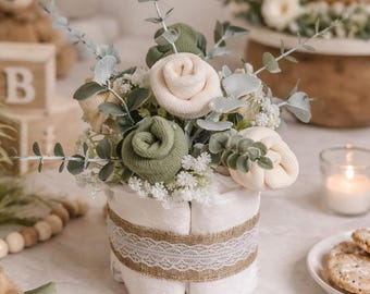 Diaper Bouquet Centerpiece: Baby Shower Sock Roses neutral, pink and blue. Boho Decor.