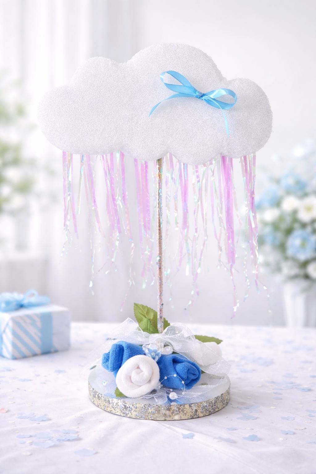 Cloud Baby Shower Centerpiece, Sock Flowers, Boy Table Decor
