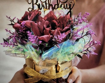 Ferrero Rocher Chocolate Bouquet with Crepe Paper Flowers, Gift Card Included