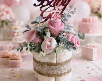 Diaper Bouquet Centerpiece: Sock Roses Baby Shower Decor (Pink, Neutral, Blue)