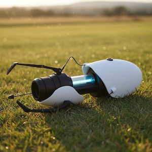 Könnte beinhalten: Eine Replik der Portal Gun, in Weiß und Schwarz mit einem leuchtenden blauen Rohr. Die Requisite liegt auf grünem Gras, mit einem verschwommenen Hintergrund aus Feld und Himmel.