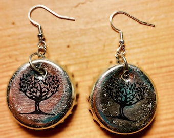 Silver Tree bottle cap Earrings