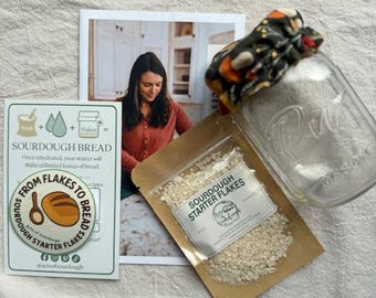Beginner Sourdough Starter Kit with Starter Flakes, Recipe Guide, and Jar Cover