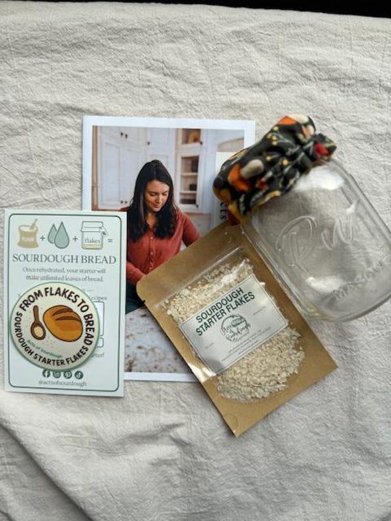 Beginner Sourdough Starter Kit with Starter Flakes, Recipe Guide, and Jar Cover
