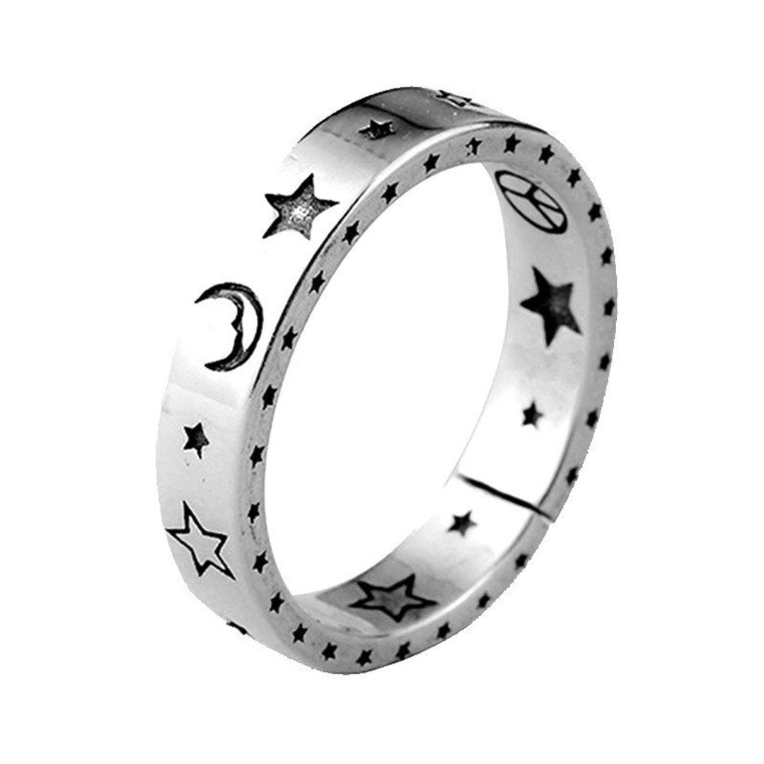 Lovely Star Moon Emote Smiley Face Emoji Silver Tone Adjustable Ring