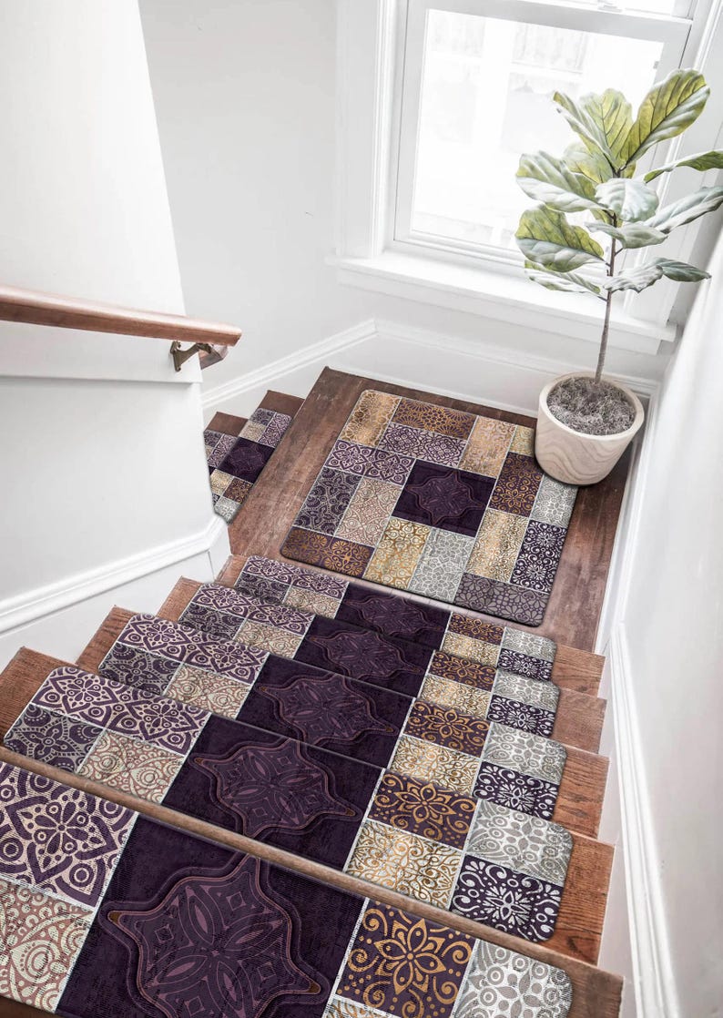 Patchwork Tile Stair Rug Set Non Slip Vintage Pattern Stair Carpet ...