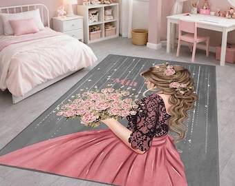 Alfombra personalizada de hada para niña: decoración floral rosa para dormitorio infantil