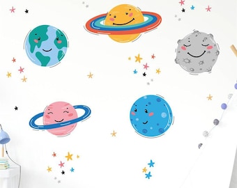 Calcomanías de pared del sistema solar: planetas sonrientes, estrellas y luna (pegables)