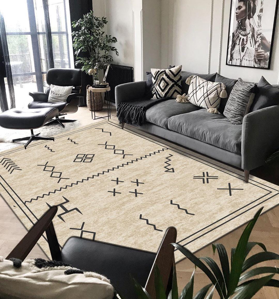 Neautral Color Aztec Rug Beige Tribal Area Rug – Minimal Aztec Symbol Carpet – Modern Neutral ...