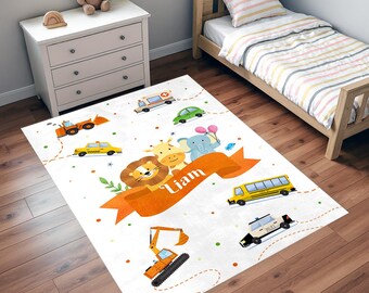 Alfombra infantil personalizada con diseño de vehículo, alfombra para habitación infantil con diseño de camión de construcción, alfombra suave y lavable para sala de juegos infantil.