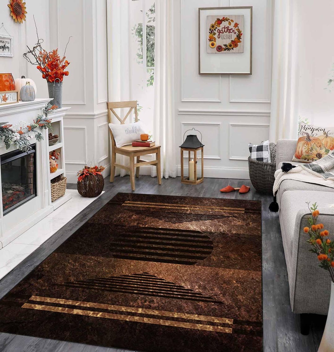 Modern Abstract Striped Area Rug – Dark Brown Geometric Carpet ...