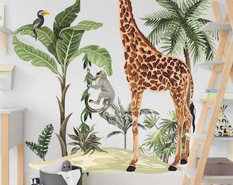 Calcomanías de pared de jungla de safari, jirafa, animales tropicales, decoración para habitación de bebé, despegar y pegar