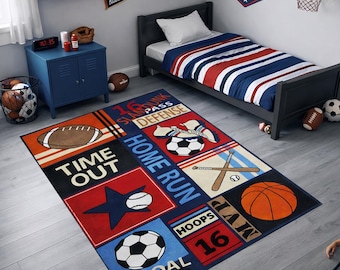 Tappeto per bambini a tema sportivo - Tappeto per basket, calcio, baseball e football americano