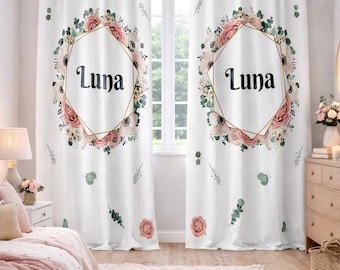 Cortinas personalizadas con nombre floral, cortinas botánicas para habitación infantil, ventana para dormitorio de niña