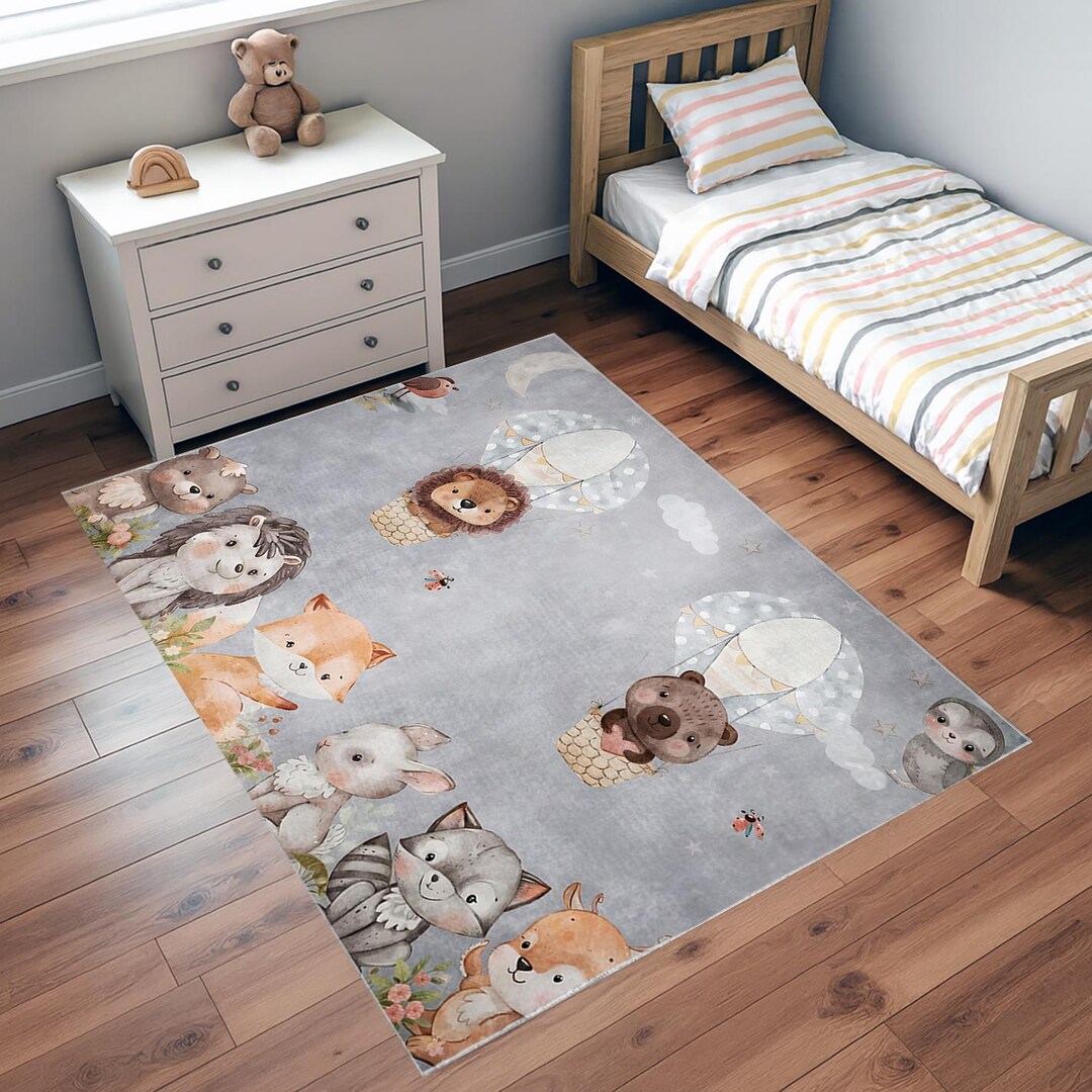Kids Play Rug Fantasy Dreamy Forest Friends Kids Play Rug – Soft Animal Illustration Area Rug ...