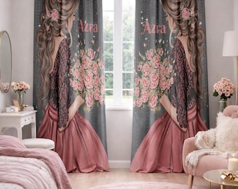 Cortinas personalizadas con estampado floral de princesa, cortinas personalizadas con nombre para habitación infantil, decoración para guardería.