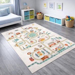 Tappeto Kids City Road: tappeto da gioco lavabile in peluche di bambù per la cameretta dei bambini