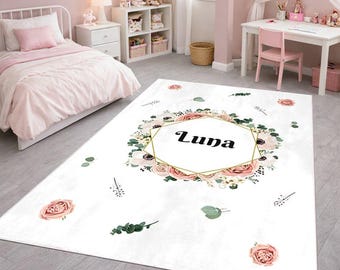Alfombra floral personalizada con nombre: alfombra personalizada para habitación infantil, decoración para dormitorio de niña