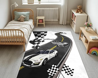 Alfombra de coche de carreras personalizada, alfombra infantil de carreras con nombre personalizado, decoración para dormitorio infantil