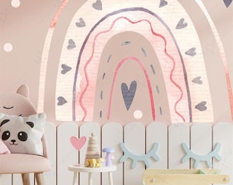 Calcomanía de pared para habitación de bebé arcoíris con diseño de corazón bohemio para niña, despegar y pegar