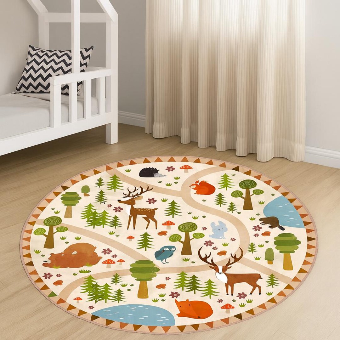 Small Round Forest Rug Forest Animals Round Rug for Kids Playroom - Etsy