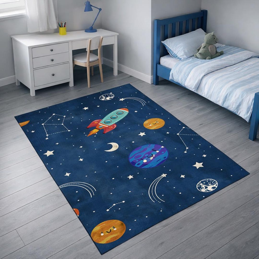Moon Rover Play Rug Cute Rocket Space Kids Rug, Cartoon Planets Play Mat - Etsy