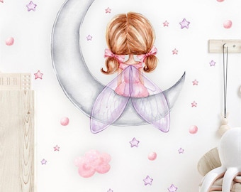 Calcomanía de pared de luna de hadas para decoración de habitación de bebé niña, despegar y pegar