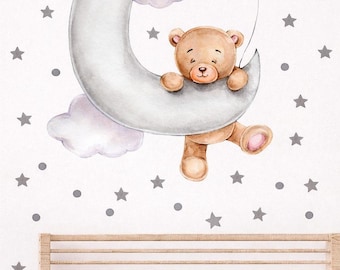Calcomanía de pared con diseño de oso de peluche y luna para decoración de habitación de bebé, despegar y pegar
