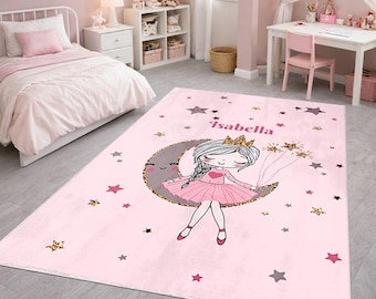 Alfombra personalizada de princesa luna - Alfombra rosa para habitación de niña - Alfombra infantil con nombre personalizado - Decoración infantil