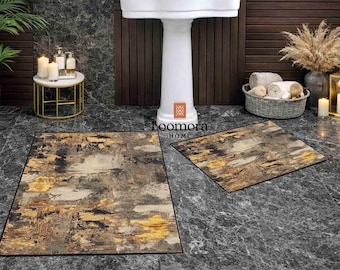 Juego de alfombras de baño abstractas: poliéster moderno dorado y beige