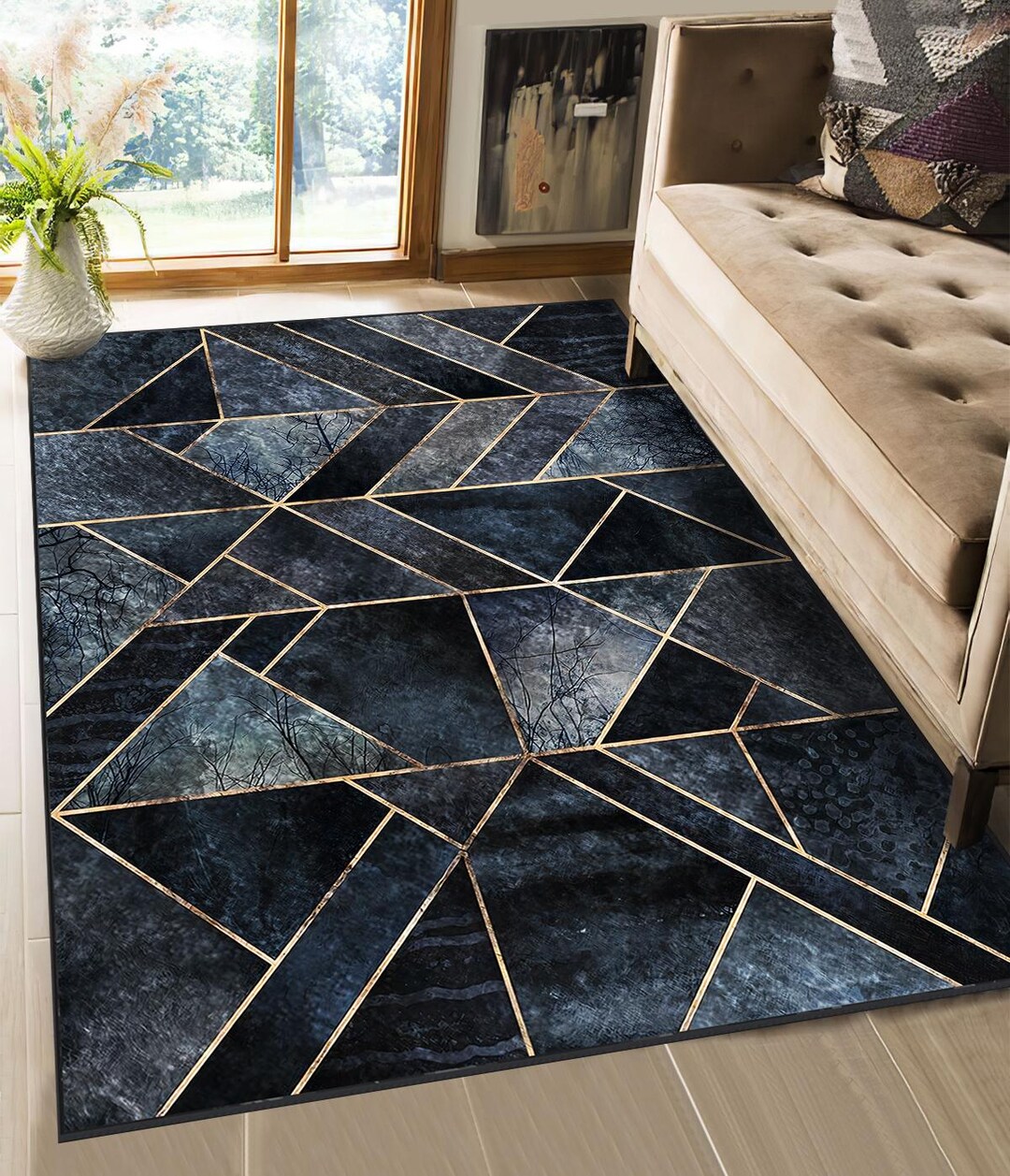 Navy Blue Geometric Rug, Gold Line Modern Area Rug - Etsy