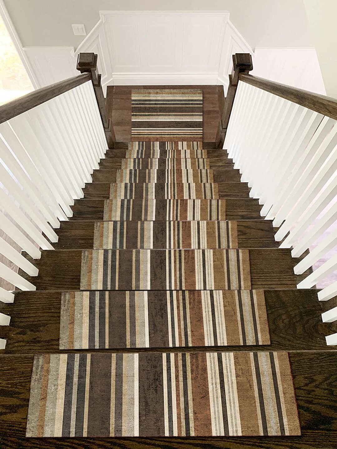 Single Stair Rug Neutral Stripe Stair Rug Set Non Slip Earth Tone Modern Rustic Home ...