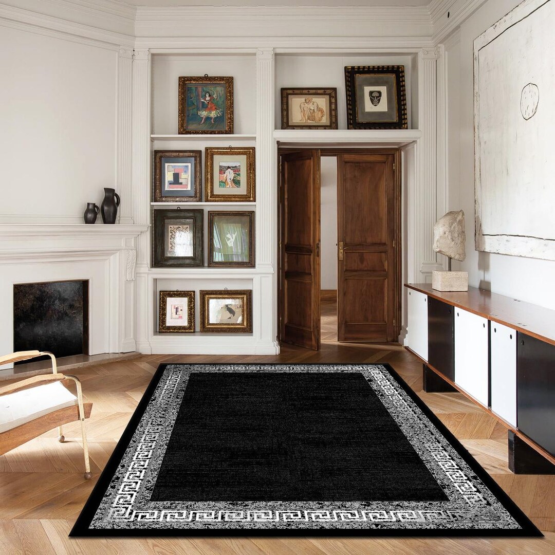 Modern Black Border Area Rug – Greek Key Frame Rug – Minimal Luxury ...