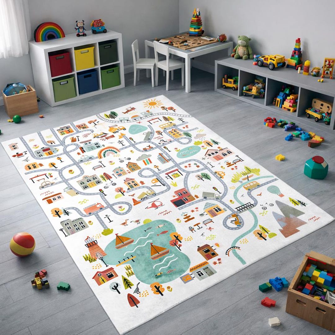 City Play Rug, Lake & Park Road Map Kids Mat, Montessori Activity Rug ...