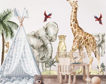 Vinilos decorativos de pared con diseño de safari en acuarela para habitación de bebé, animales de la selva, decoración para habitación de niño.