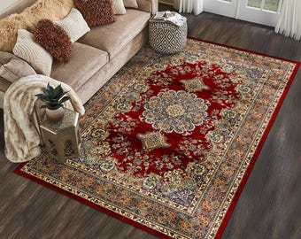 レンガ色のアイボリーデジタルプリントラグ、ペルシャのヴィンテージ