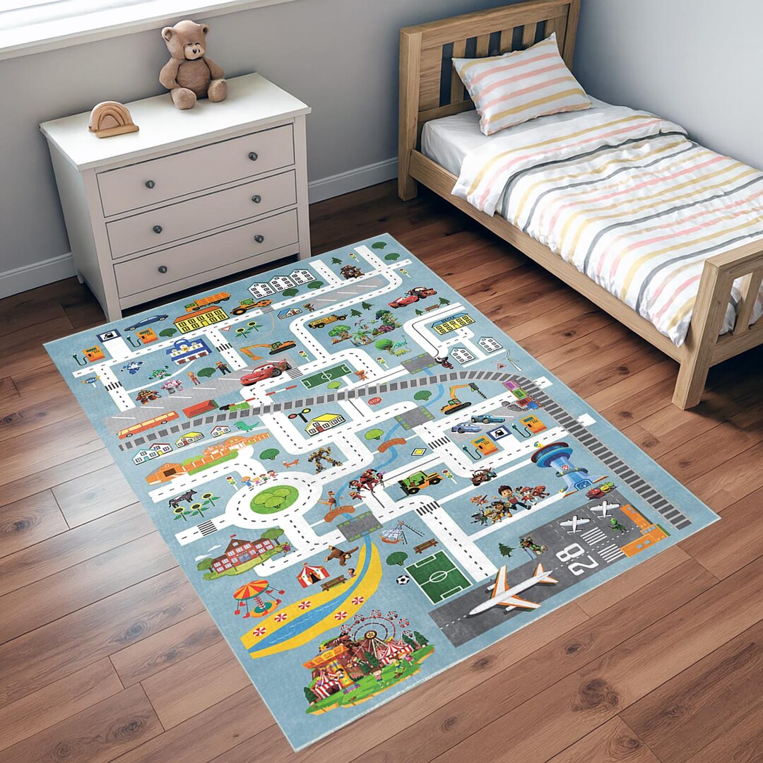 Large Kids City Road Map Play Rug With Vehicles, Airport and Amusement ...