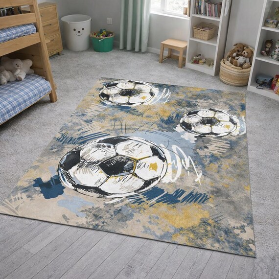 Kids Soccer Rug – Washable Play Mat, Sports Theme Carpet for Boys Room & Nursery