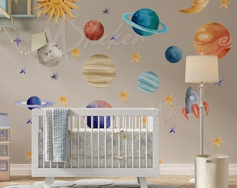 Calcomanías de pared del sistema solar, decoración para habitación de bebé, despegar y pegar