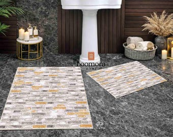 Juego de alfombras de baño con diseño de ladrillos: modernas de micropoliéster, antideslizantes