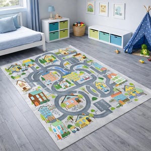 Alfombra City Road: Alfombra de juego lavable para niños con diseño de calles y casas